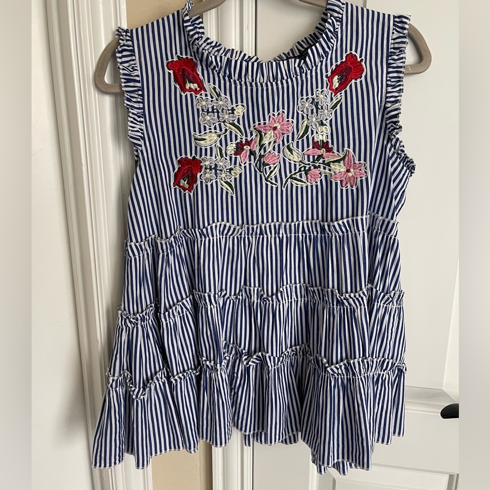 Romeo and Juliet couture top in medium blue and white stripes